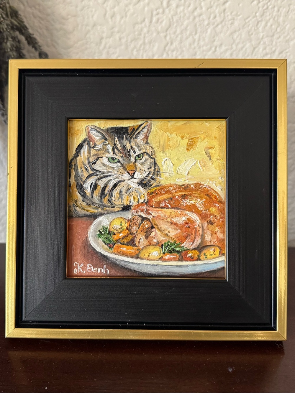 Original oil painting tabby cat stealing turkey signed framed 4x4 inches